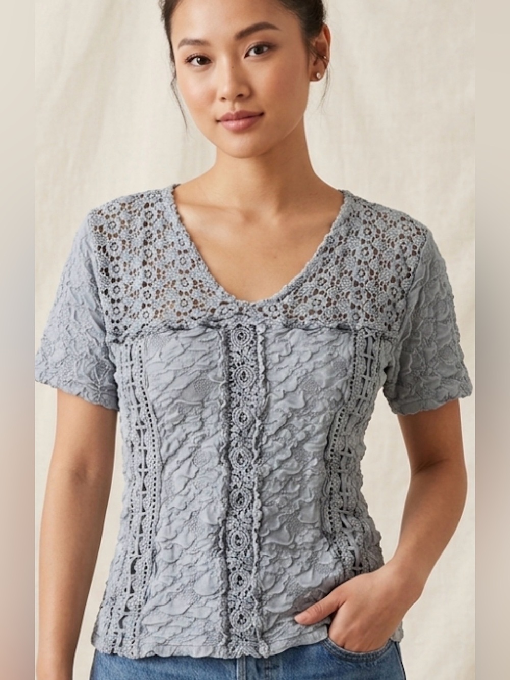 Boho Crochet Lace Panel V-Neck Short Sleeve Top Dusty Blue Romantic Y2K Medium